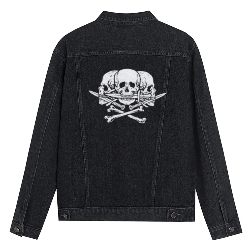 Mens Skull and Crossbones Graphic Button Up Denim Jacket