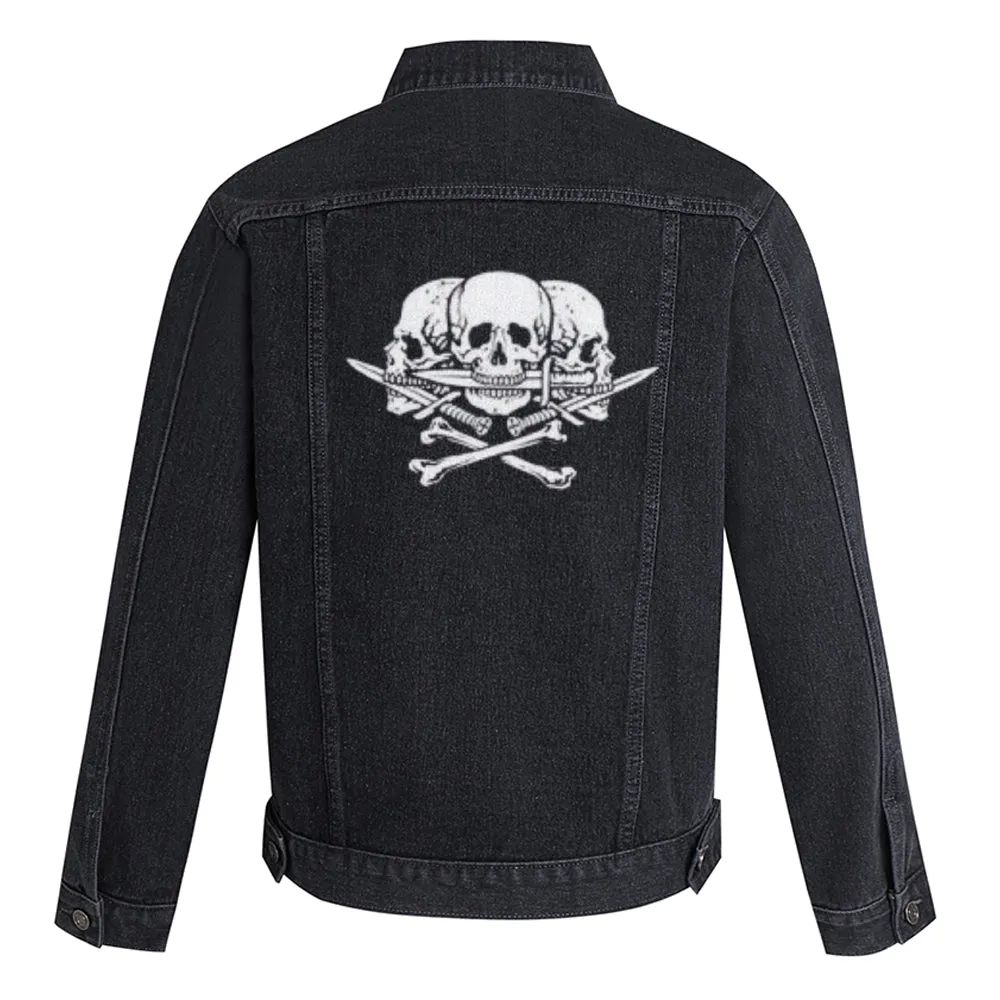 Mens Skull and Crossbones Graphic Button Up Denim Jacket