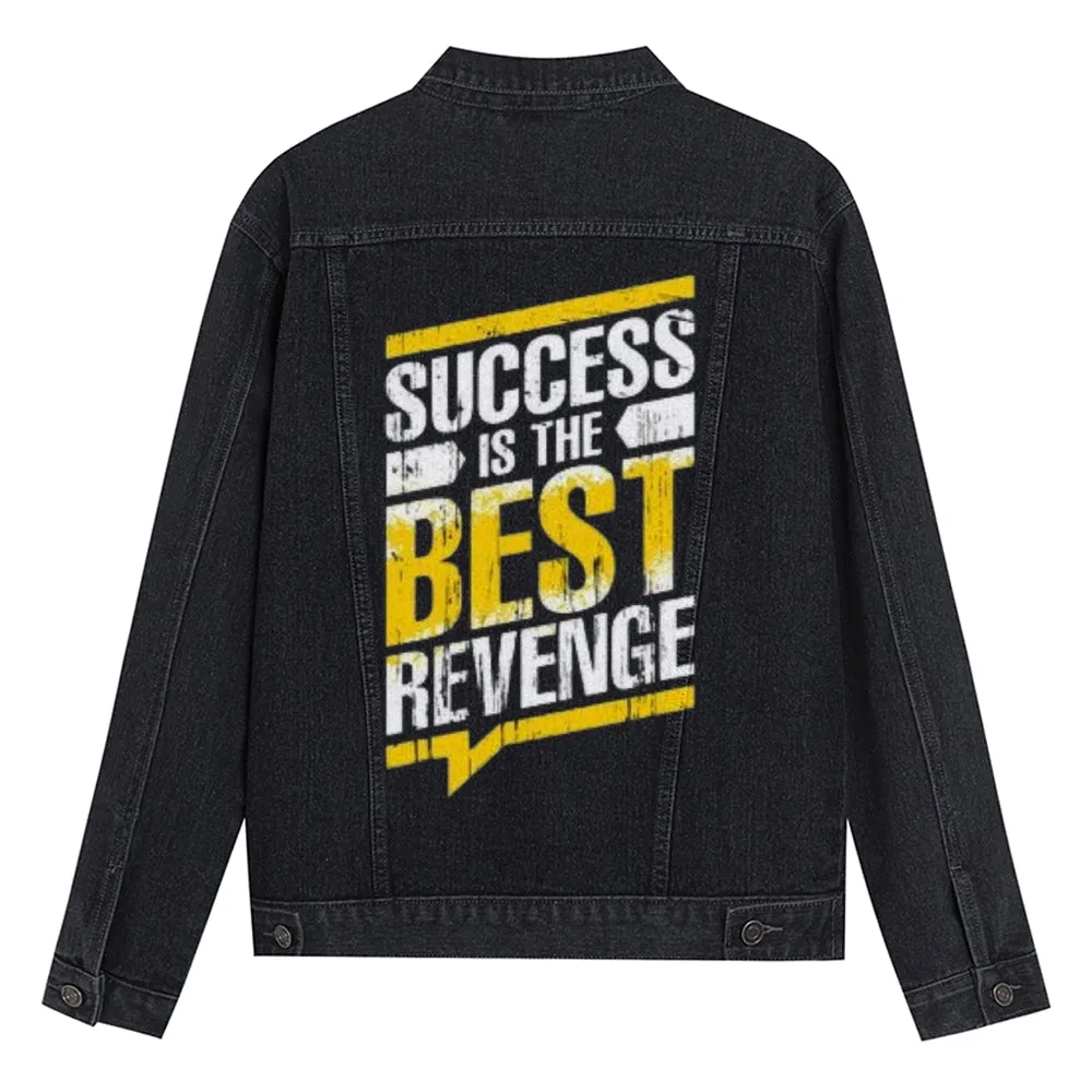 Mens SUCCESS IS THE BEST REVENGE Graphic Button Up Denim Jacket