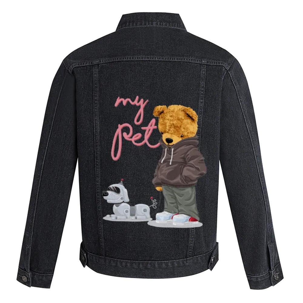 Mens Vintage Cartoon Bear Prints My Pet Denim Jacket