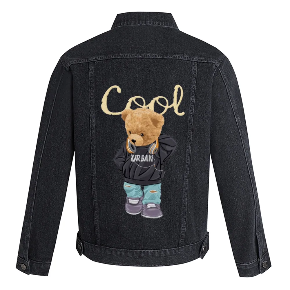 Mens Vintage Cartoon Cool Bear Prints Denim Jacket