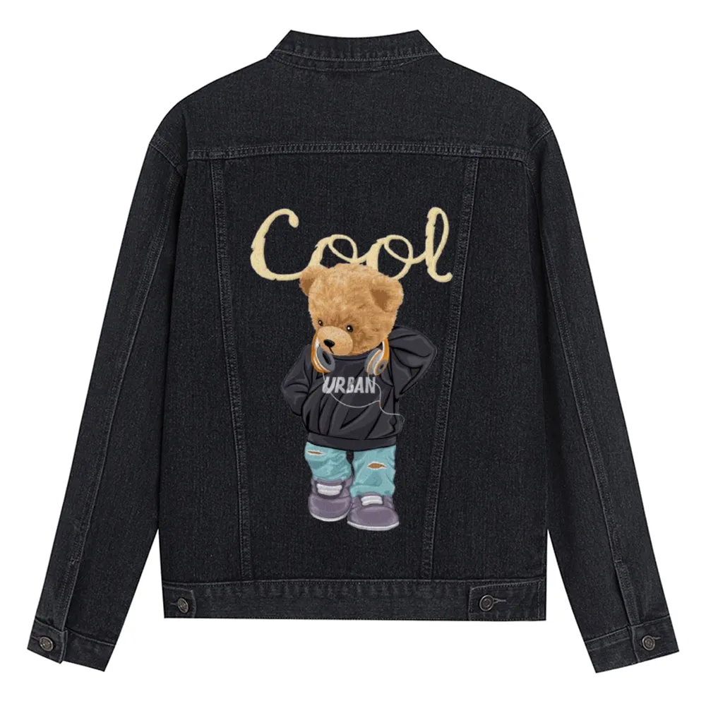 Mens Vintage Cartoon Cool Bear Prints Denim Jacket