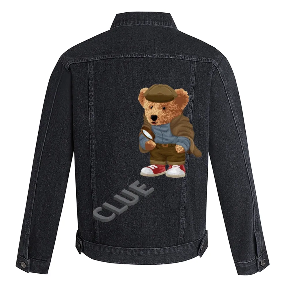 Mens Vintage Cartoon Cute Bear Detective Prints Denim Jacket