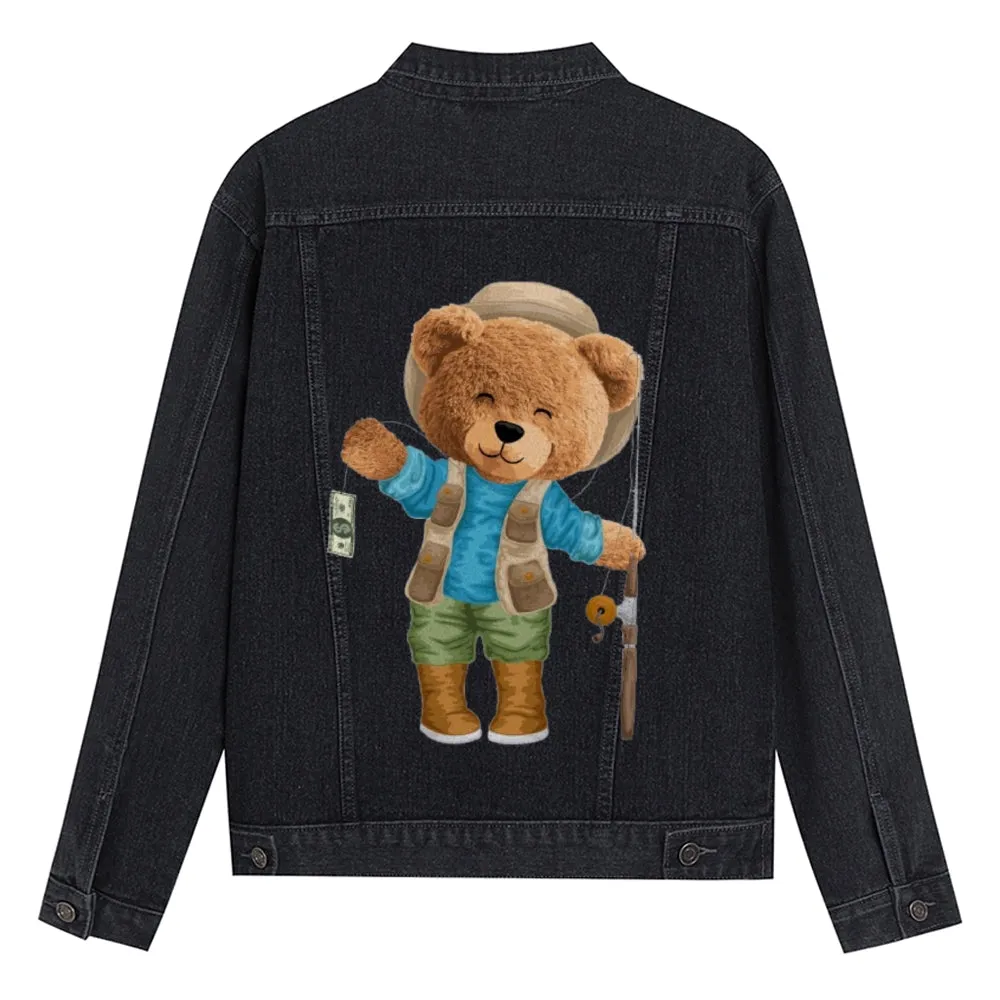 Mens Vintage Cartoon Cute Bear Fishing Prints Denim Jacket