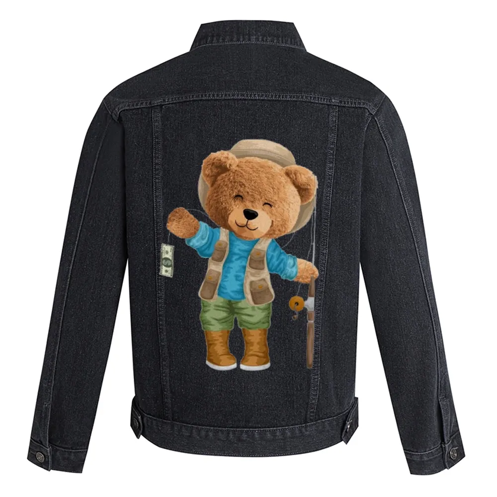 Mens Vintage Cartoon Cute Bear Fishing Prints Denim Jacket