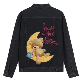 Mens Vintage Cartoon Cute Bear Have A Nice Dream Prints Denim Jacket