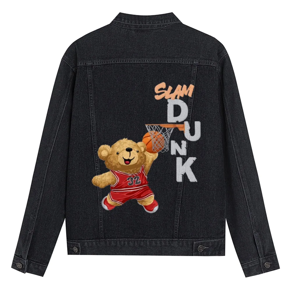 Mens Vintage Cartoon Cute Bear Prints Slam Dunk Denim Jacket