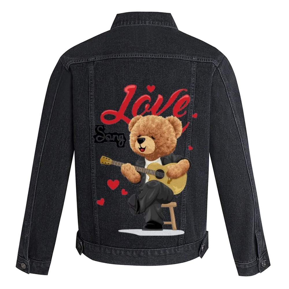 Mens Vintage Cartoon Cute Bear Song Love Prints Denim Jacket