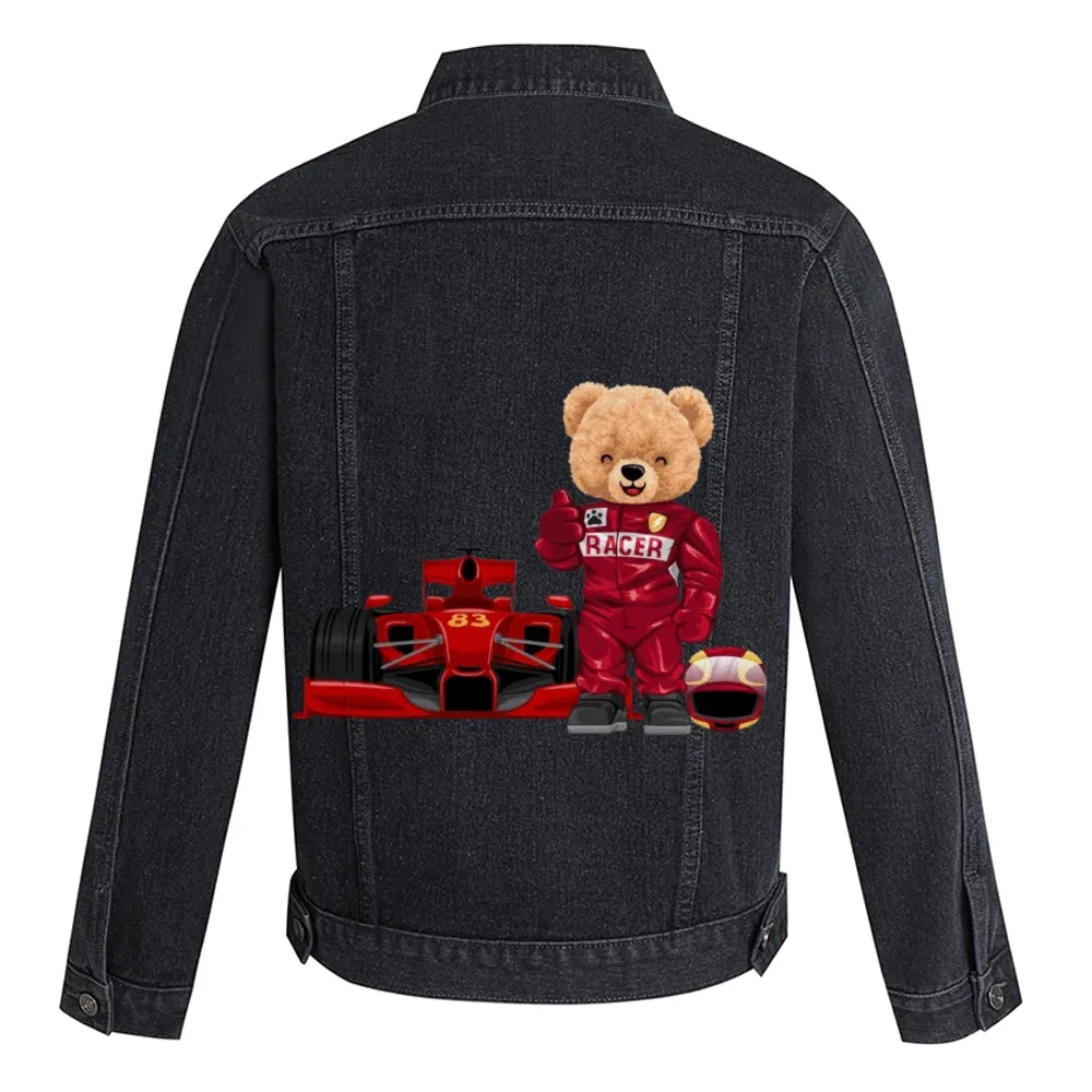 Mens Vintage Cartoon Cute Racer Bear Prints Denim Jacket