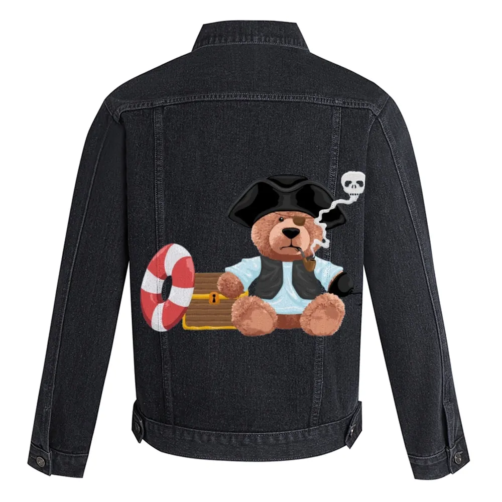 Mens Vintage Cartoon Pirate Bear Prints Denim Jacket