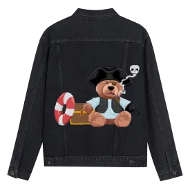 Mens Vintage Cartoon Pirate Bear Prints Denim Jacket