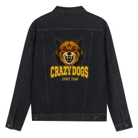 Mens Vintage Cartoon Prints CRAZY DOGS SPORT TEAM Denim Jacket