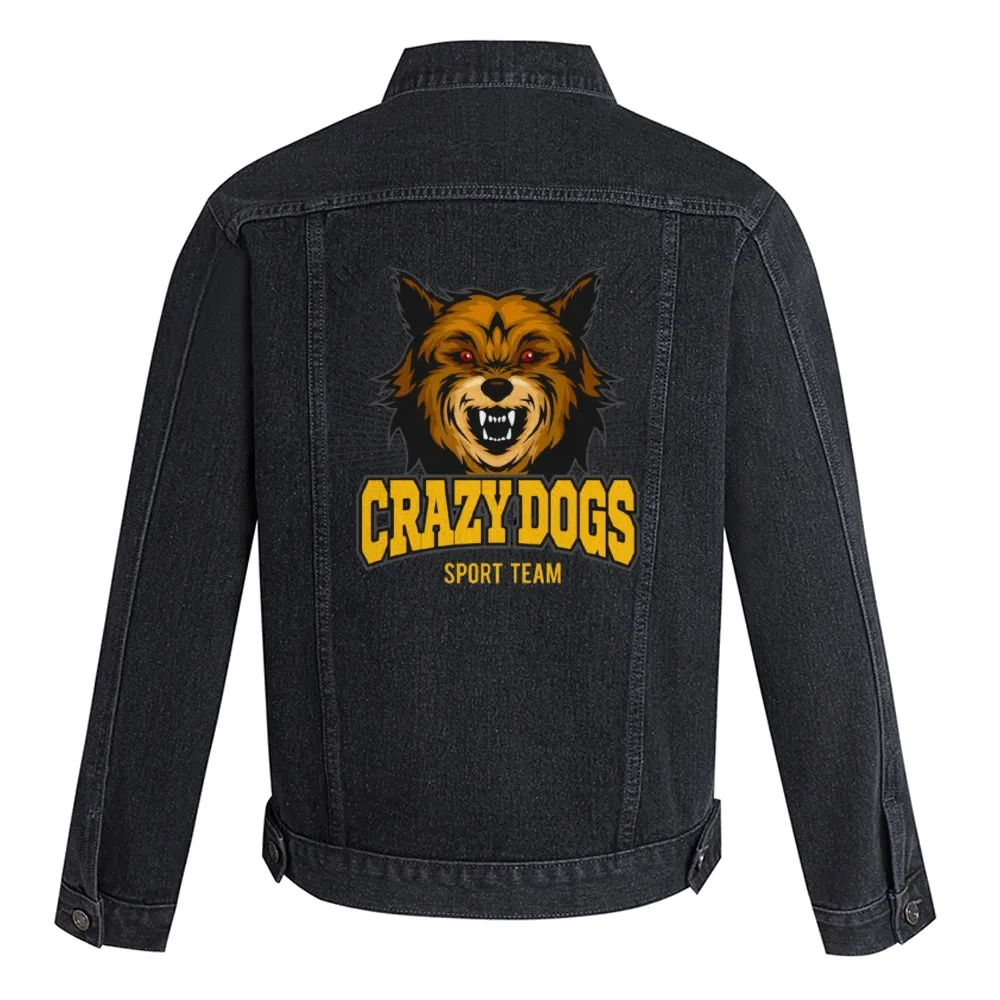 Mens Vintage Cartoon Prints CRAZY DOGS SPORT TEAM Denim Jacket