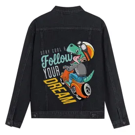 Mens Vintage Cartoon Prints Follow Your Dream Denim Jacket