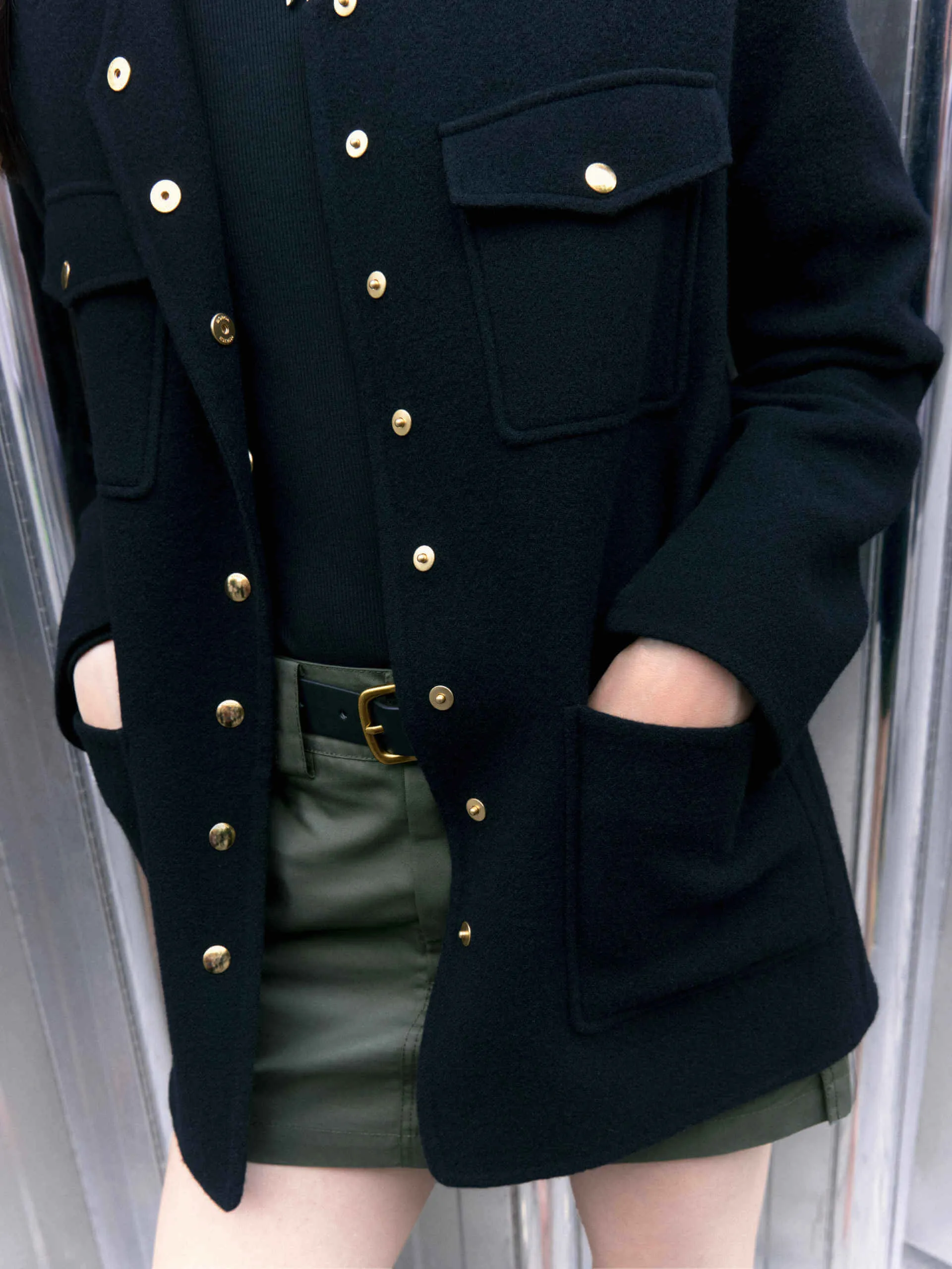 Metal Button Collarless Coat