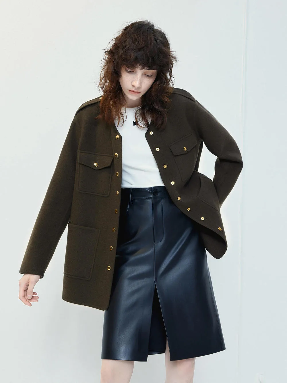 Metal Button Collarless Coat