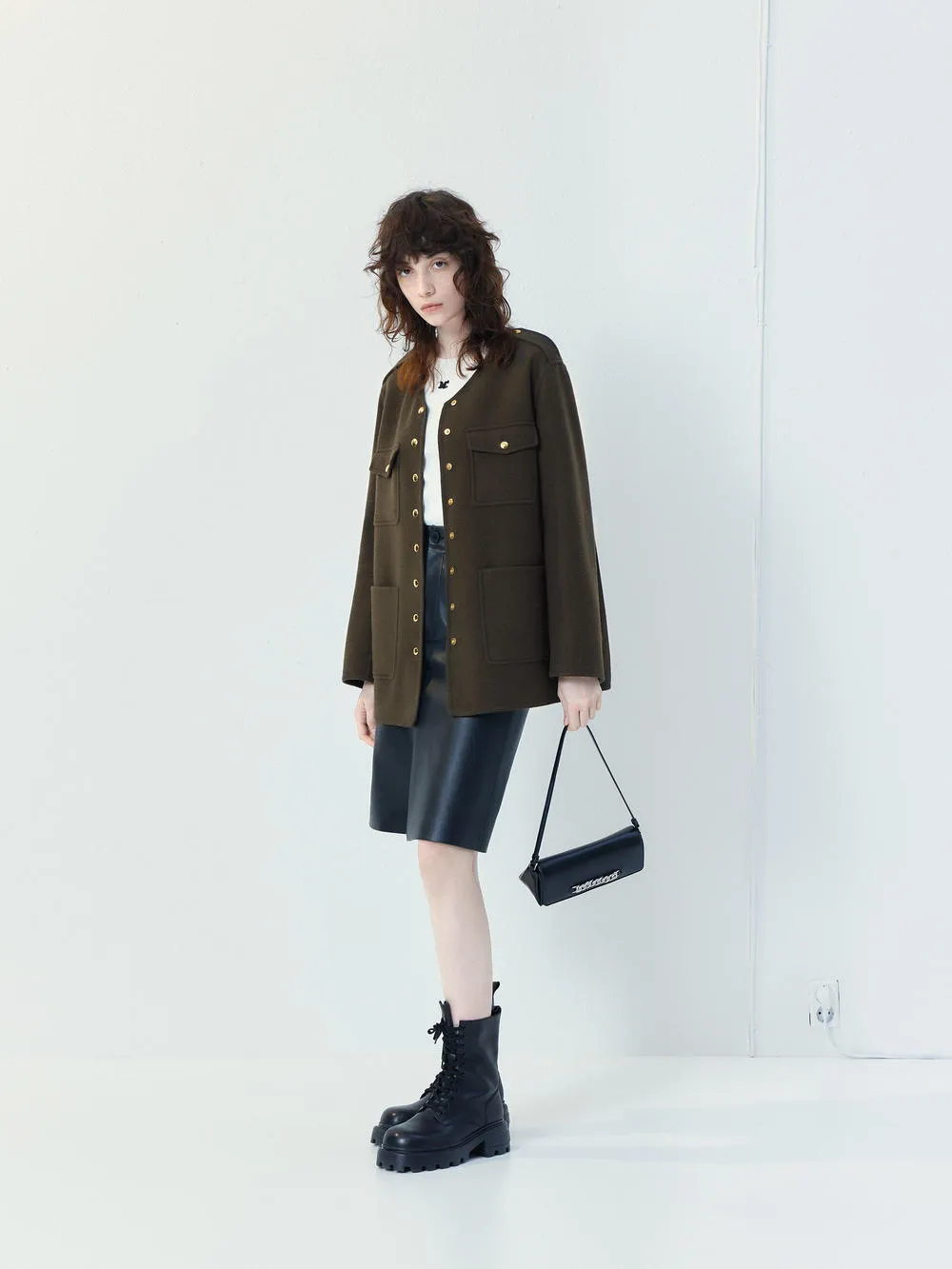 Metal Button Collarless Coat