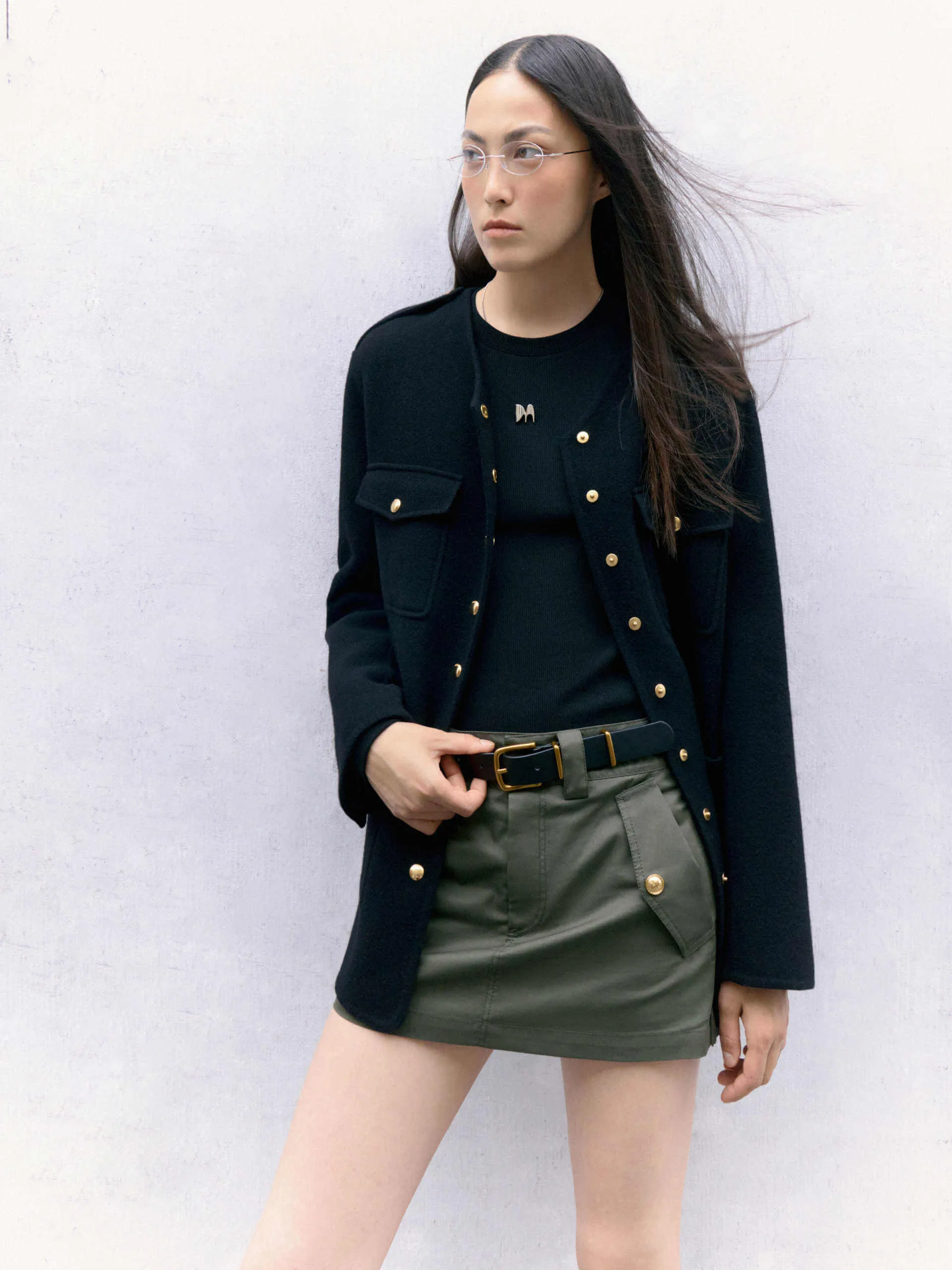 Metal Button Collarless Coat