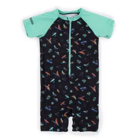 Nano One-Piece Rashguard Boys Short-Sleeve Swimsuit - Black/Teal (18-24 Months)