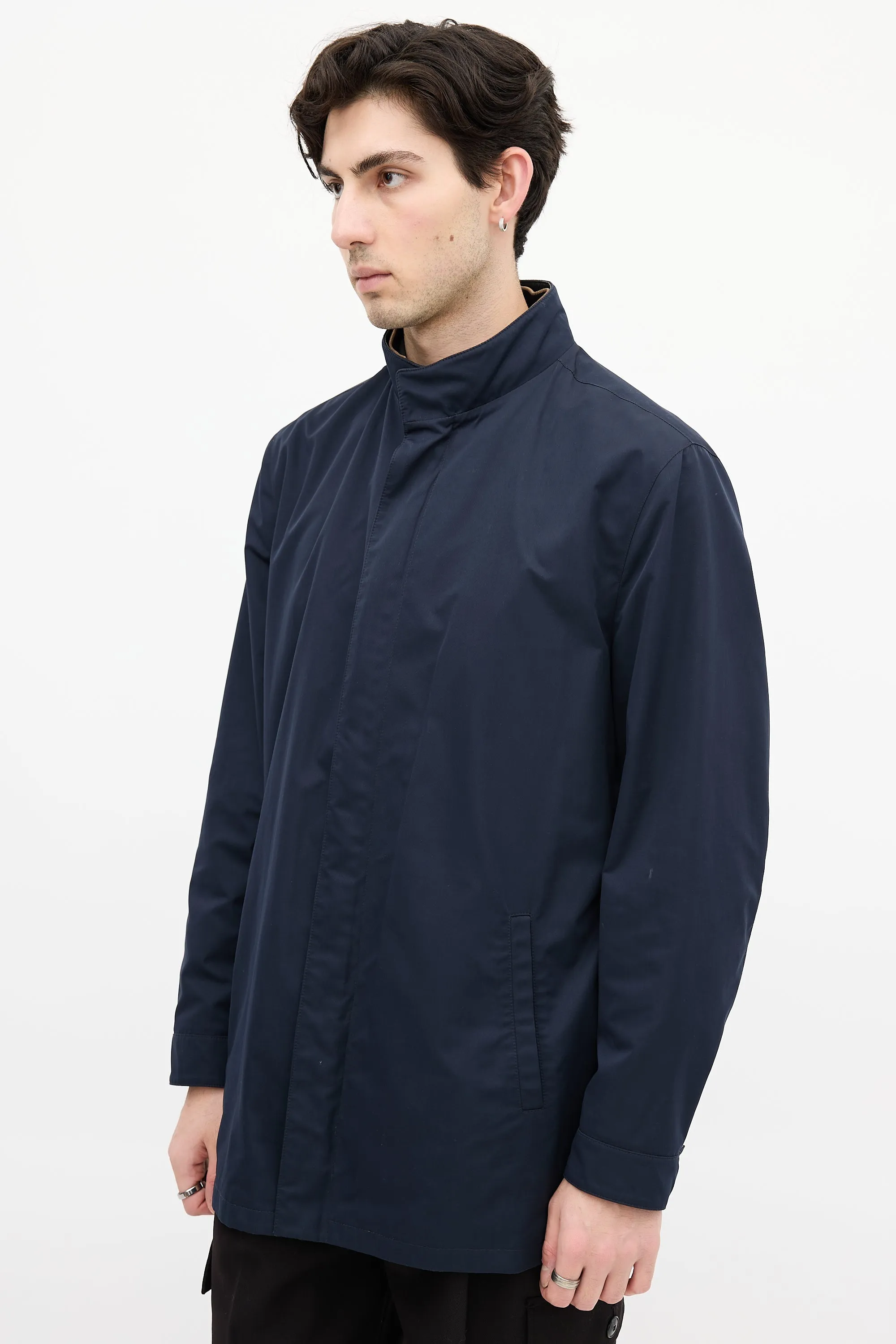 Navy Double Collar Drawcord Waist Jacket