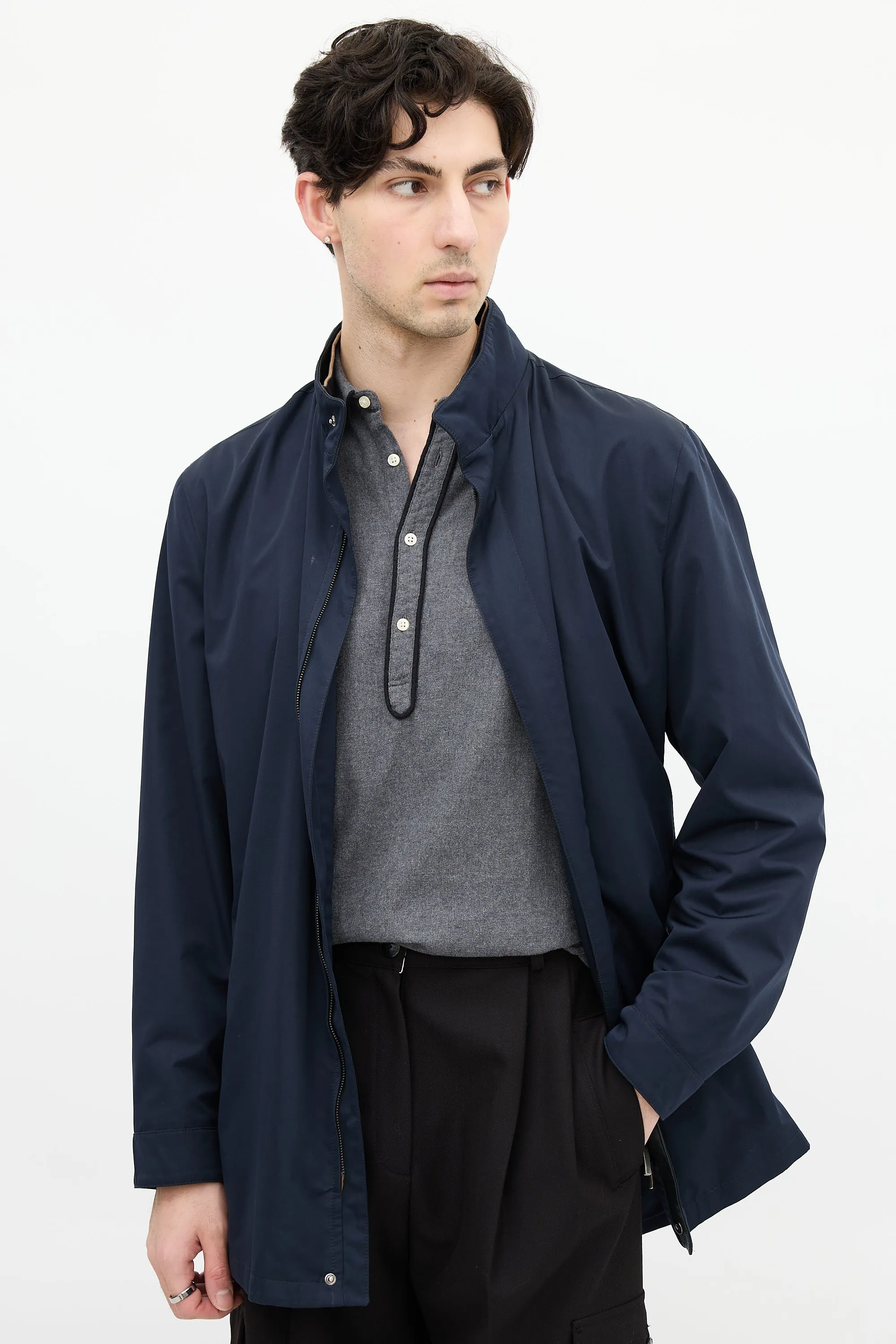 Navy Double Collar Drawcord Waist Jacket