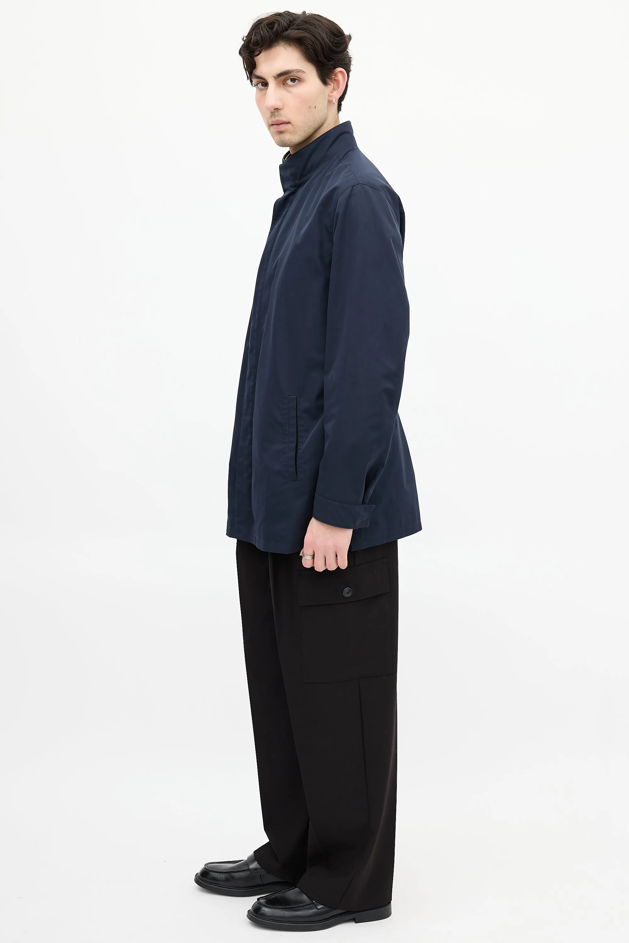 Navy Double Collar Drawcord Waist Jacket