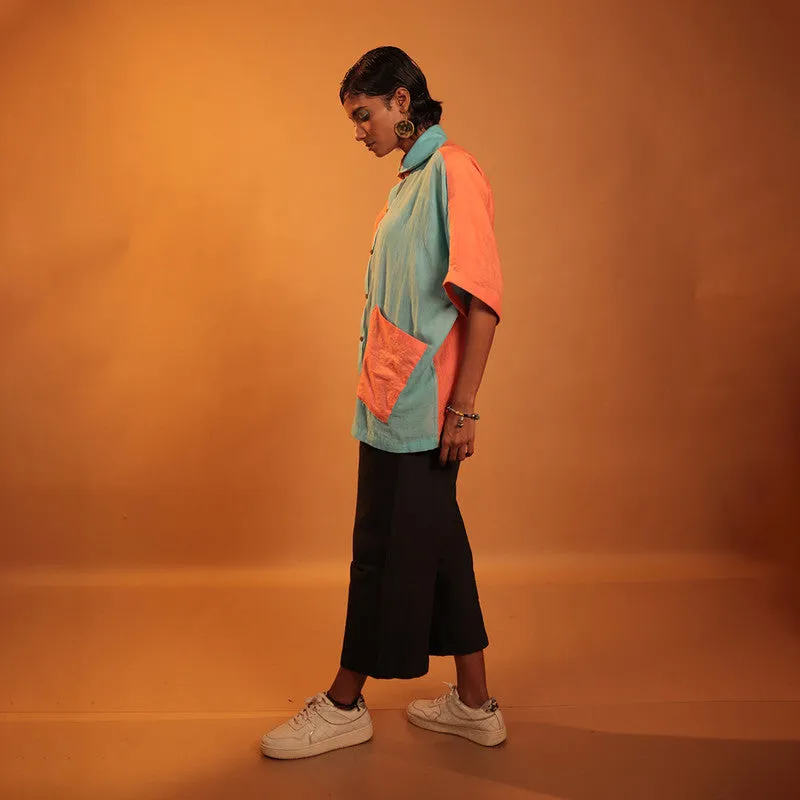 Organic Cotton Oversize Shirt for Men & Women | Half Sleeves | Orange Teal