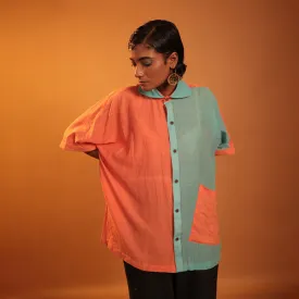 Organic Cotton Oversize Shirt for Men & Women | Half Sleeves | Orange Teal