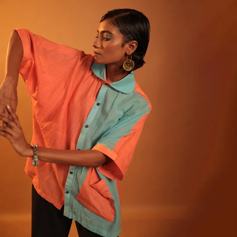 Organic Cotton Oversize Shirt for Men & Women | Half Sleeves | Orange Teal