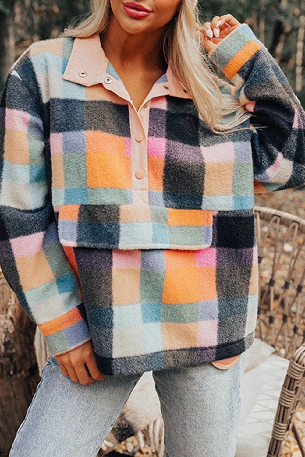 Plaid Half Button Collared Sweatshirt