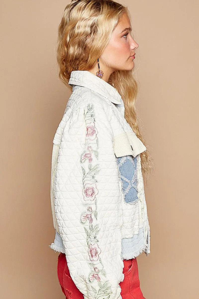 POL Quilted Jacket Women Embroidered Sleeve Raw Edge Denim Patch Pockets