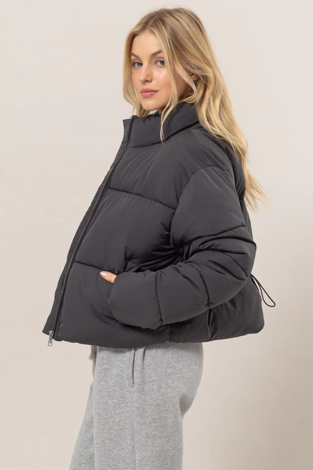 Quilted Back Drawstring Puffer Coat