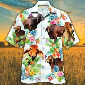 Red Brahman Cattle Lovers Tropical Flower Hawaiian Shirt, Cow Summer Hawaiian Shirt