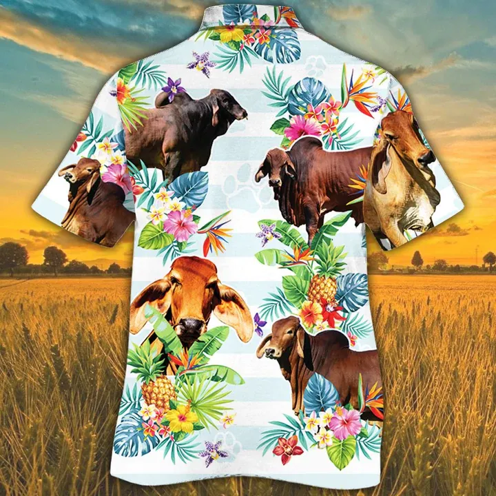 Red Brahman Cattle Lovers Tropical Flower Hawaiian Shirt, Cow Summer Hawaiian Shirt