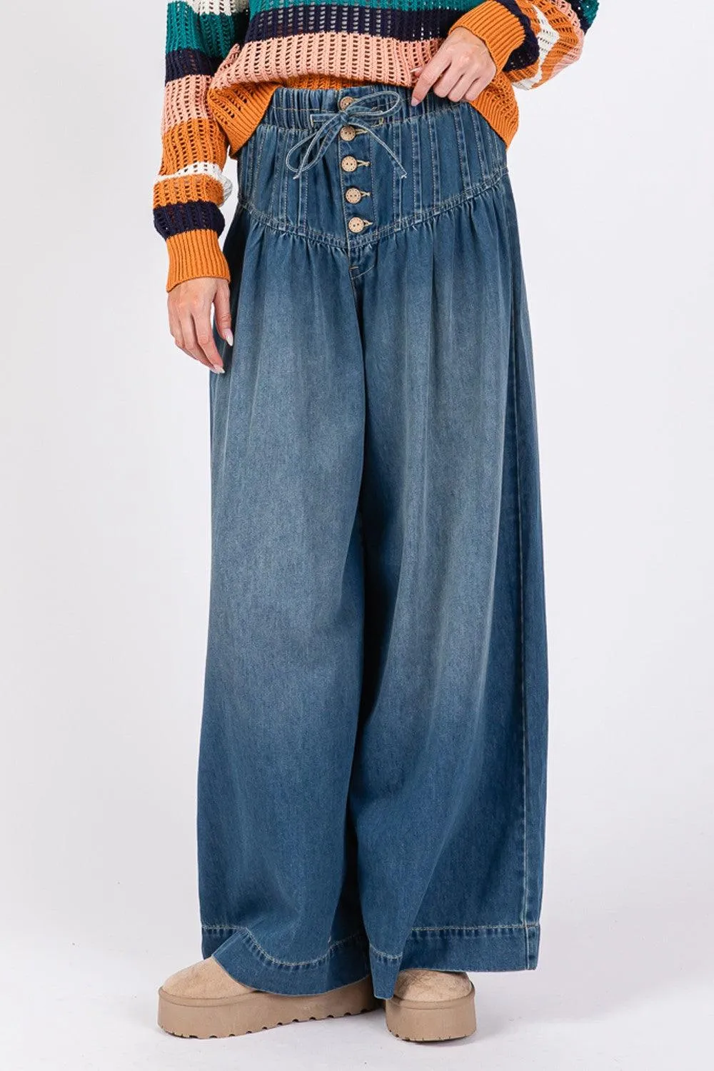 SAGE FIG Wide Leg Jeans Smocked Waist Band Denim Pants