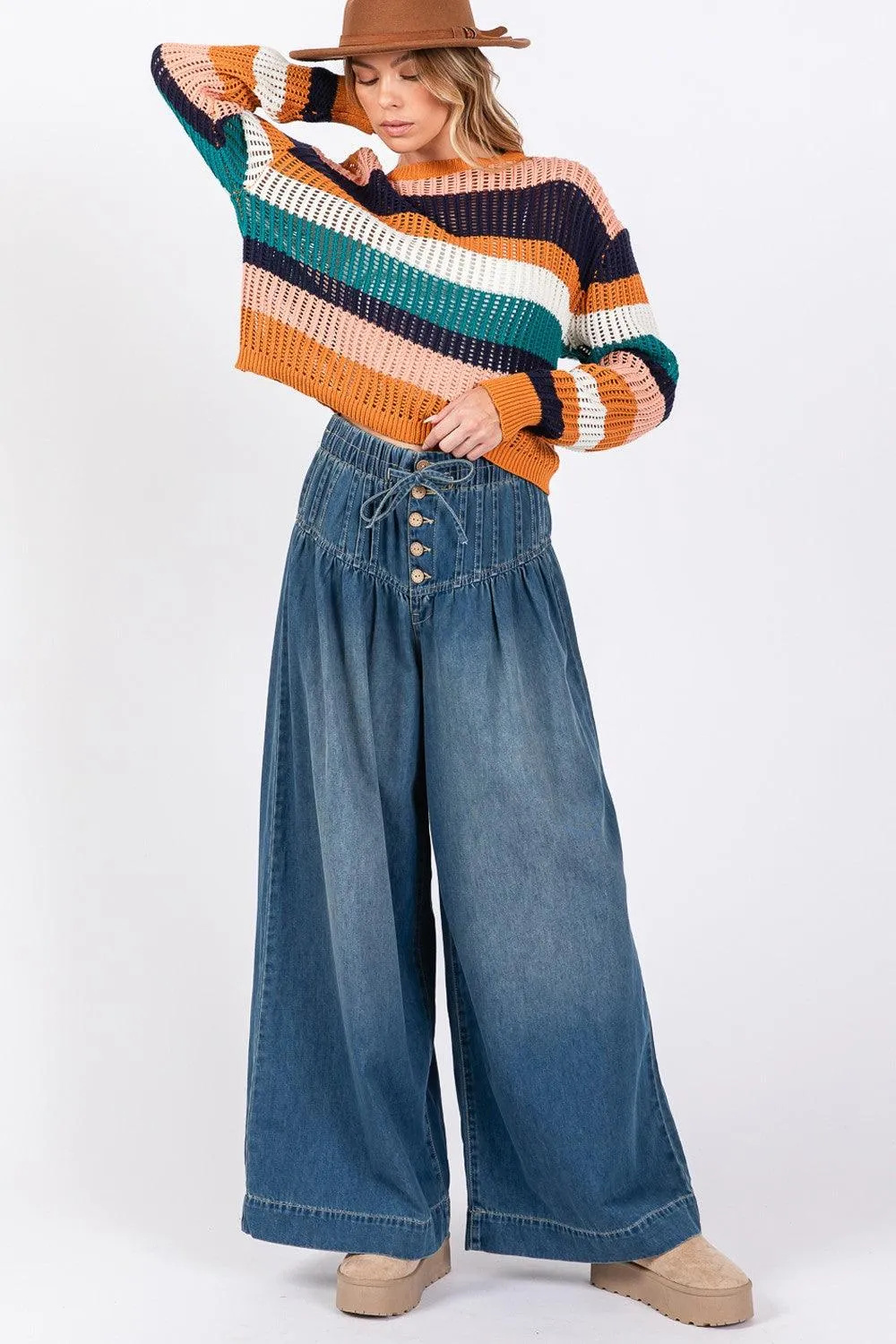 SAGE FIG Wide Leg Jeans Smocked Waist Band Denim Pants