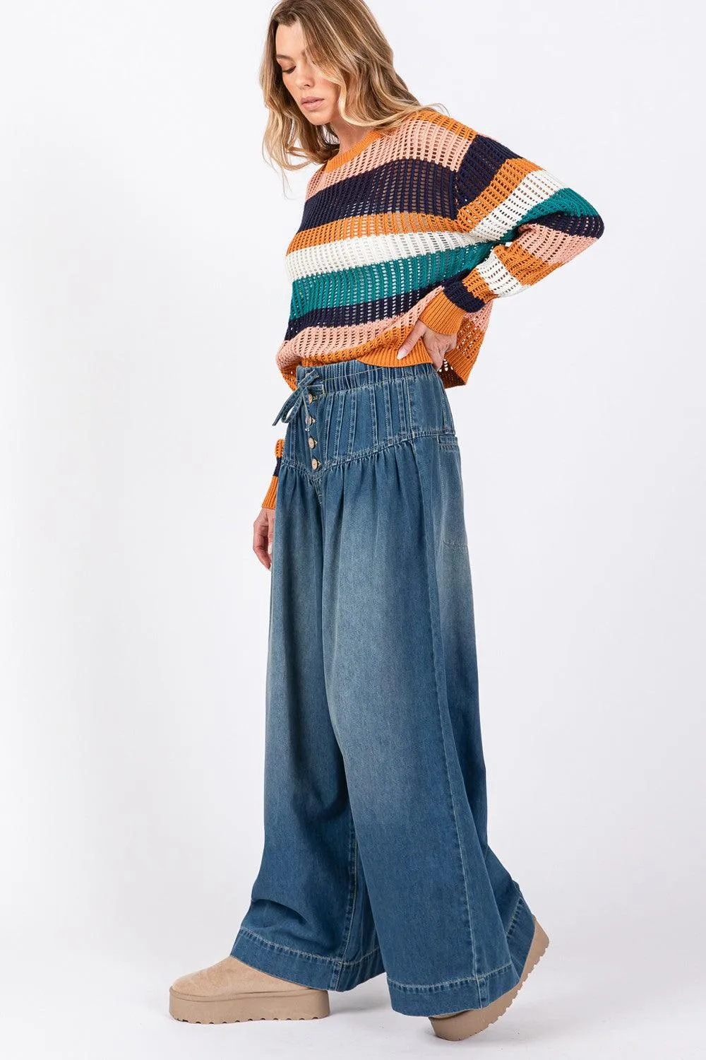 SAGE FIG Wide Leg Jeans Smocked Waist Band Denim Pants