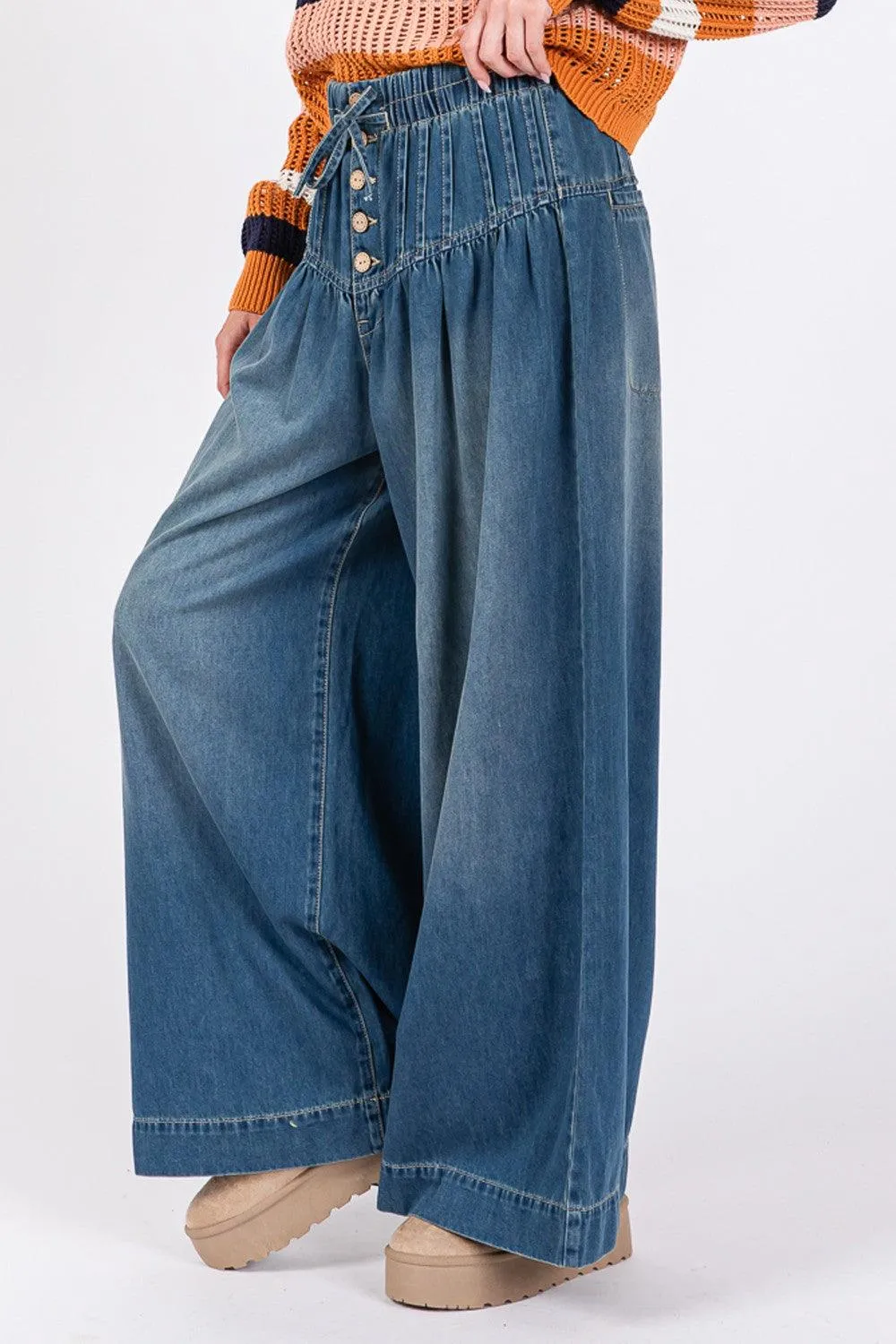 SAGE FIG Wide Leg Jeans Smocked Waist Band Denim Pants