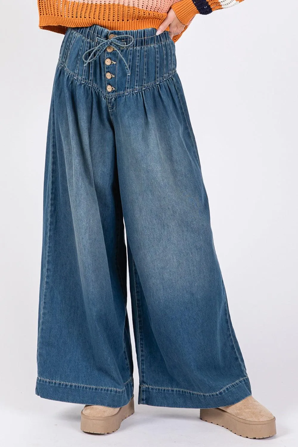 SAGE FIG Wide Leg Jeans Smocked Waist Band Denim Pants