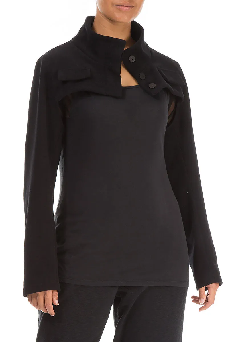 Short Cowl Neck Black Cotton Jersey Jacket