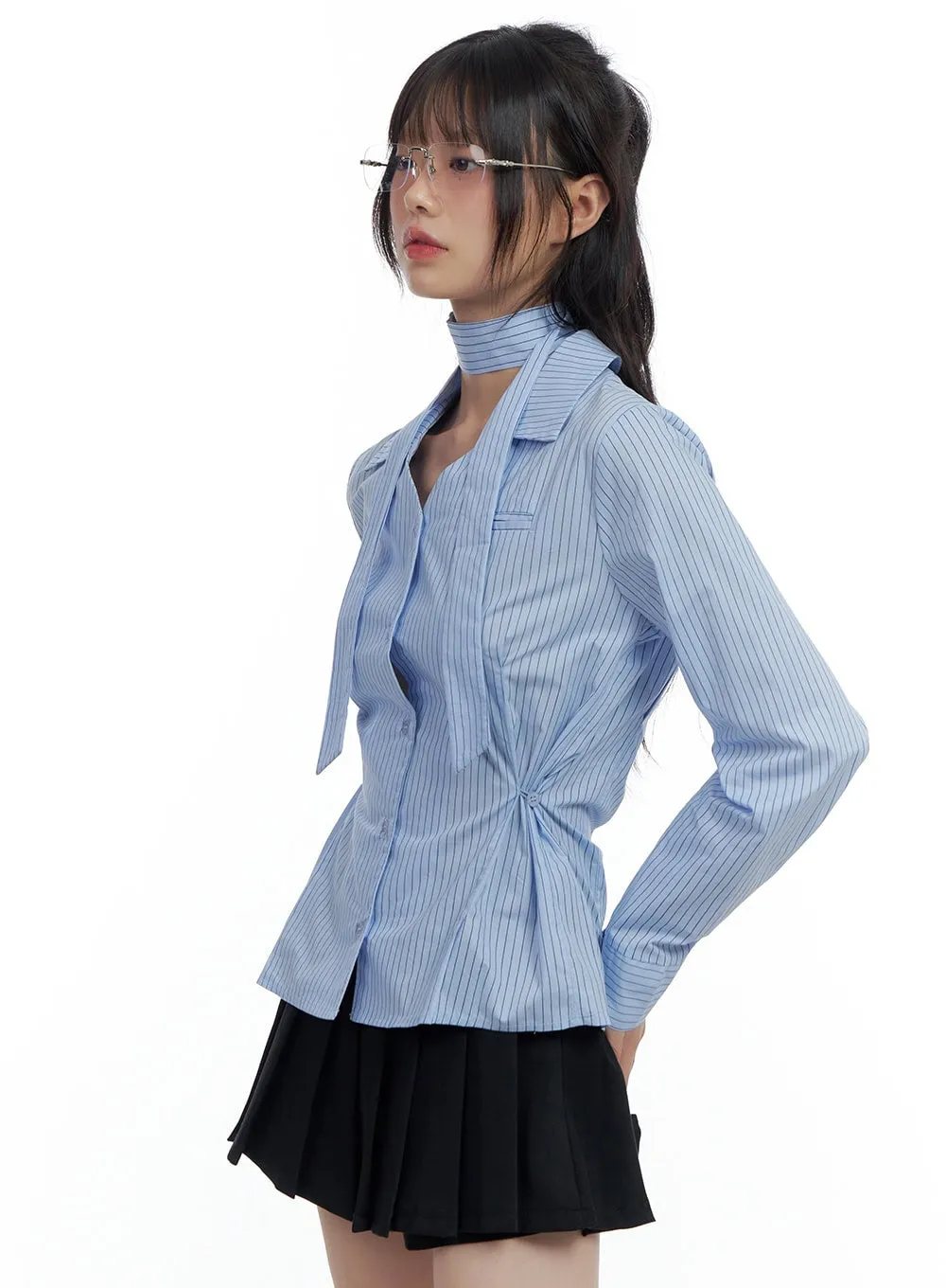 Sleek Buttoned Stripe Blouse CS420