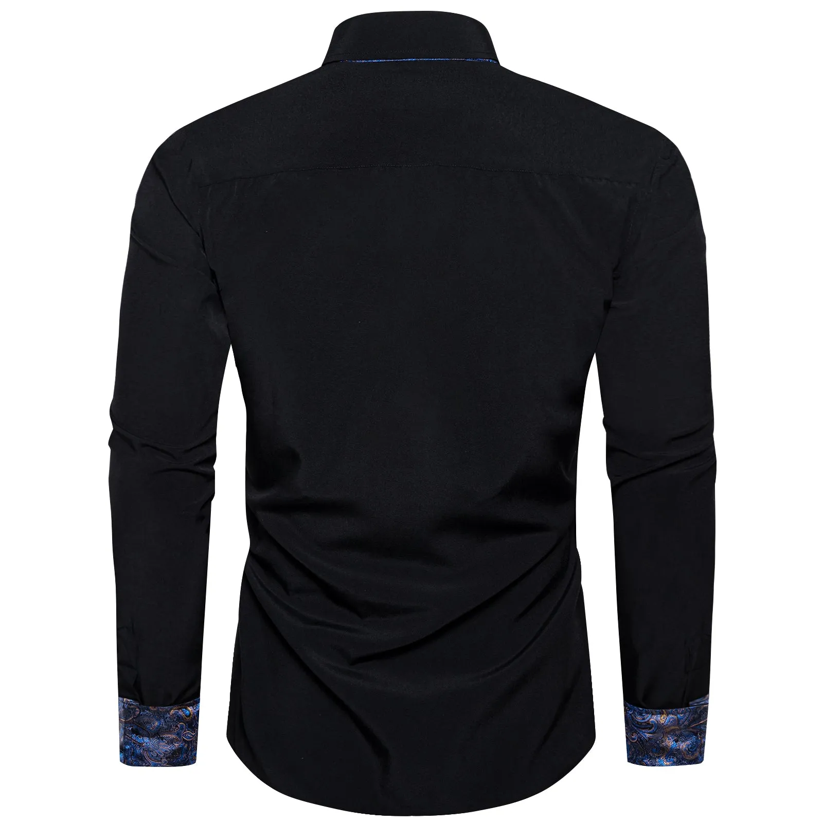 Splicing Style Black with Blue Paisley Edge Men's Solid Long Sleeve Shirt