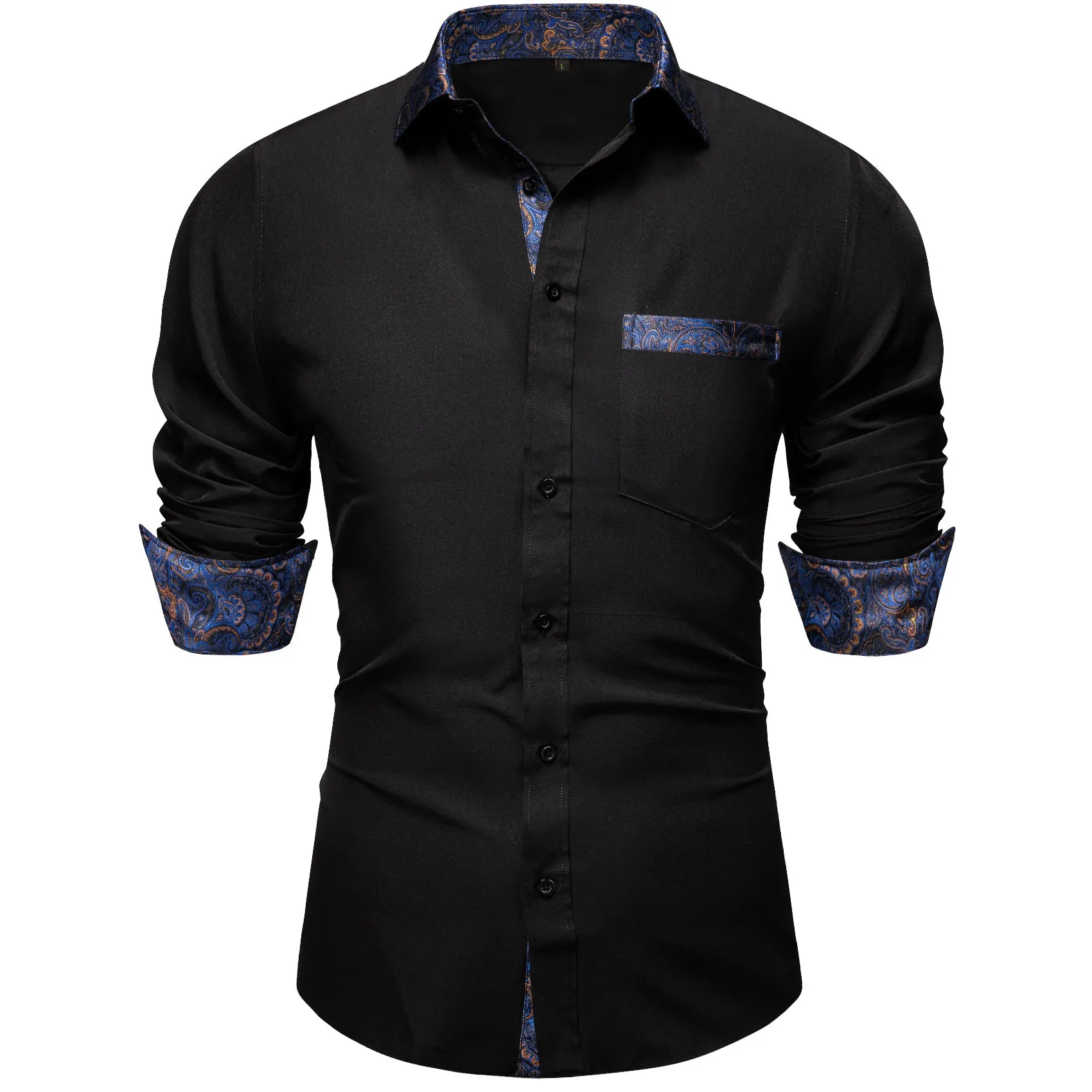 Splicing Style Black with Blue Paisley Edge Men's Solid Long Sleeve Shirt