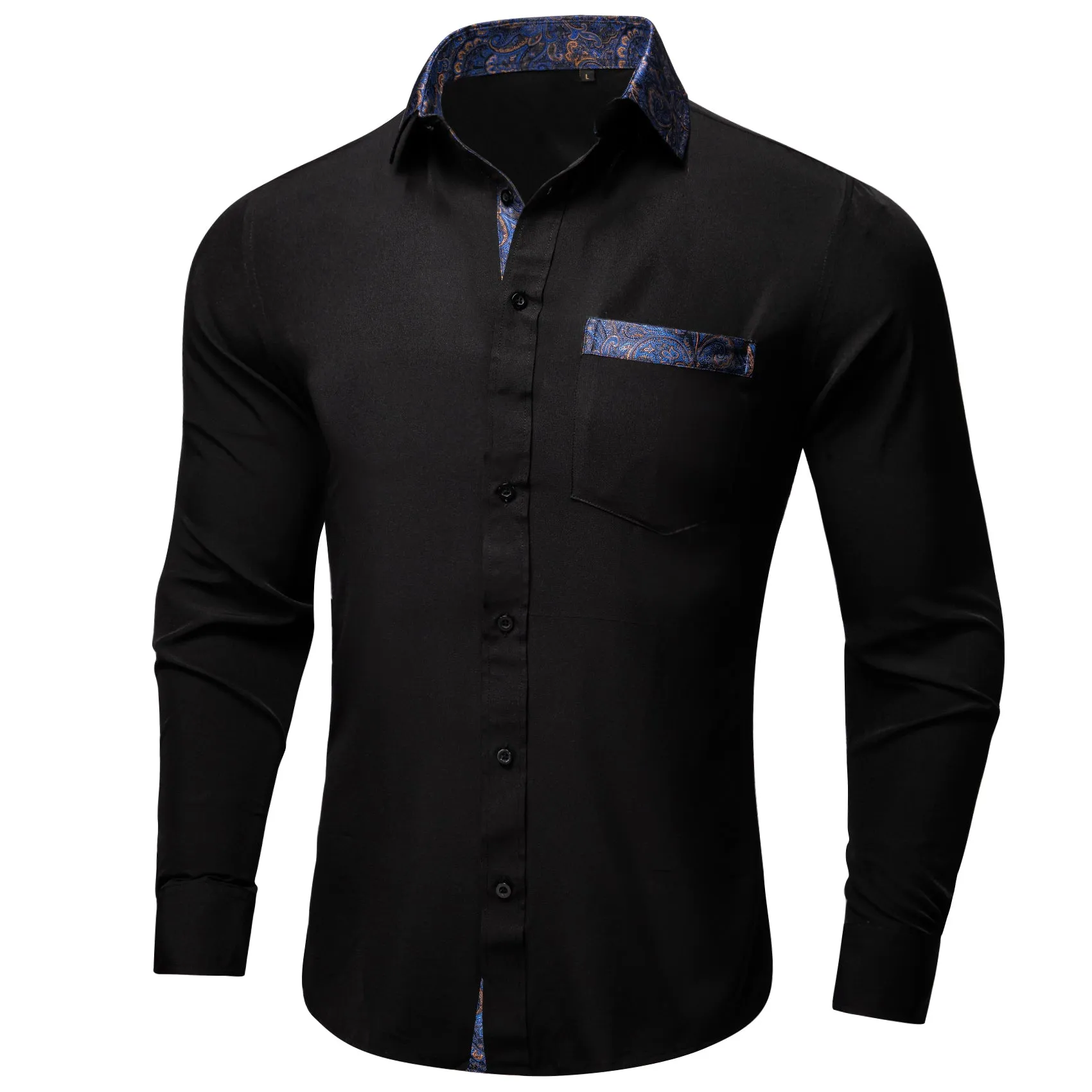 Splicing Style Black with Blue Paisley Edge Men's Solid Long Sleeve Shirt