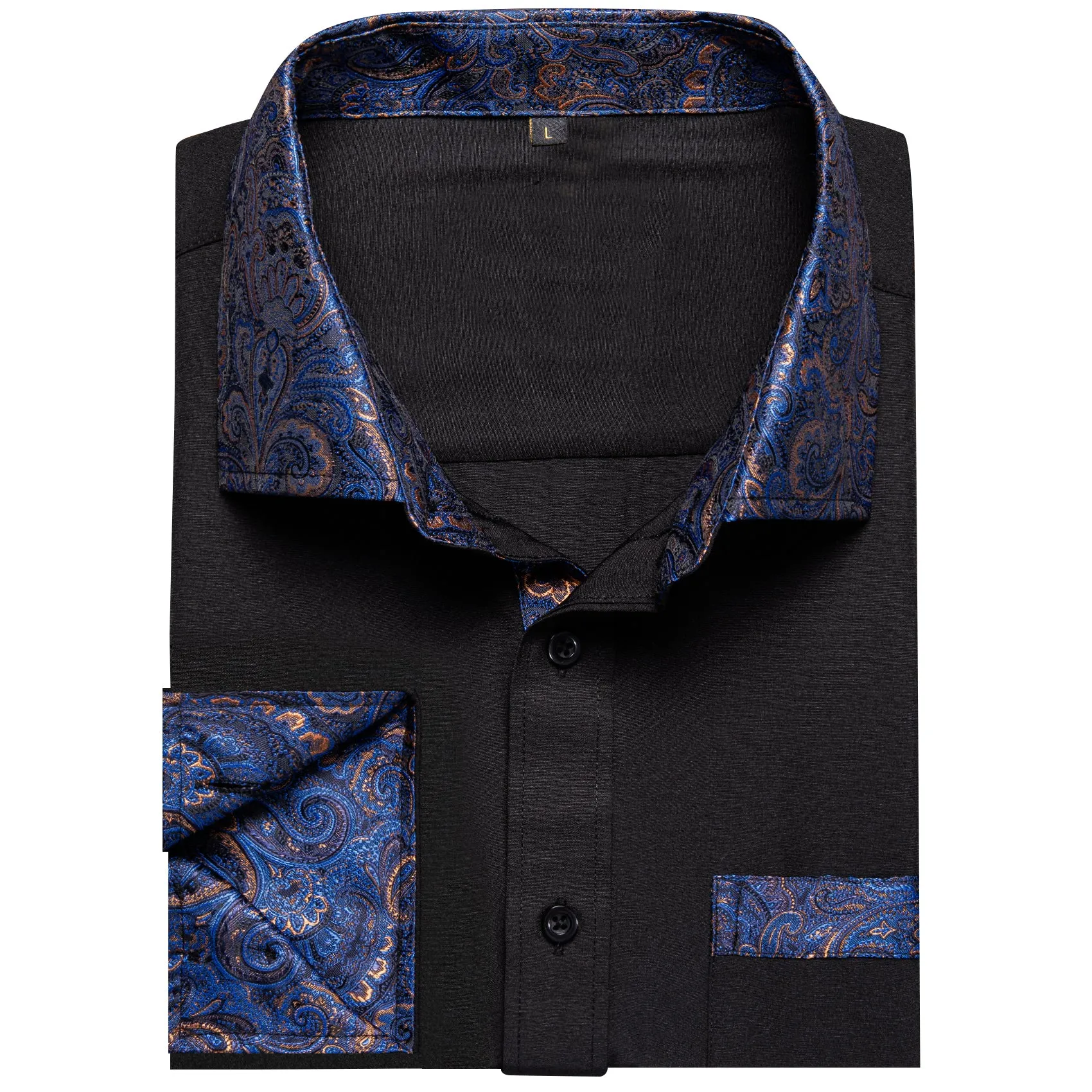 Splicing Style Black with Blue Paisley Edge Men's Solid Long Sleeve Shirt