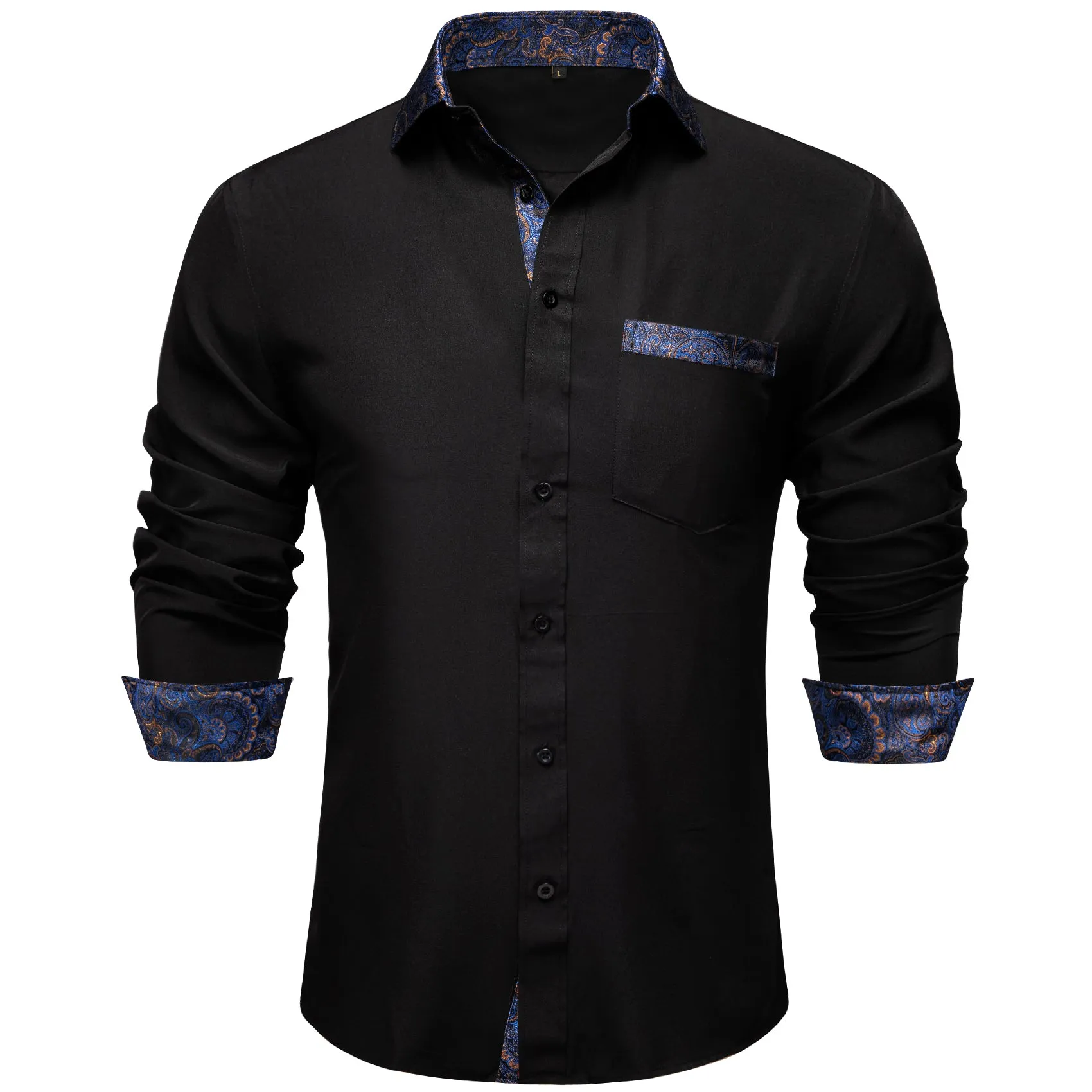 Splicing Style Black with Blue Paisley Edge Men's Solid Long Sleeve Shirt