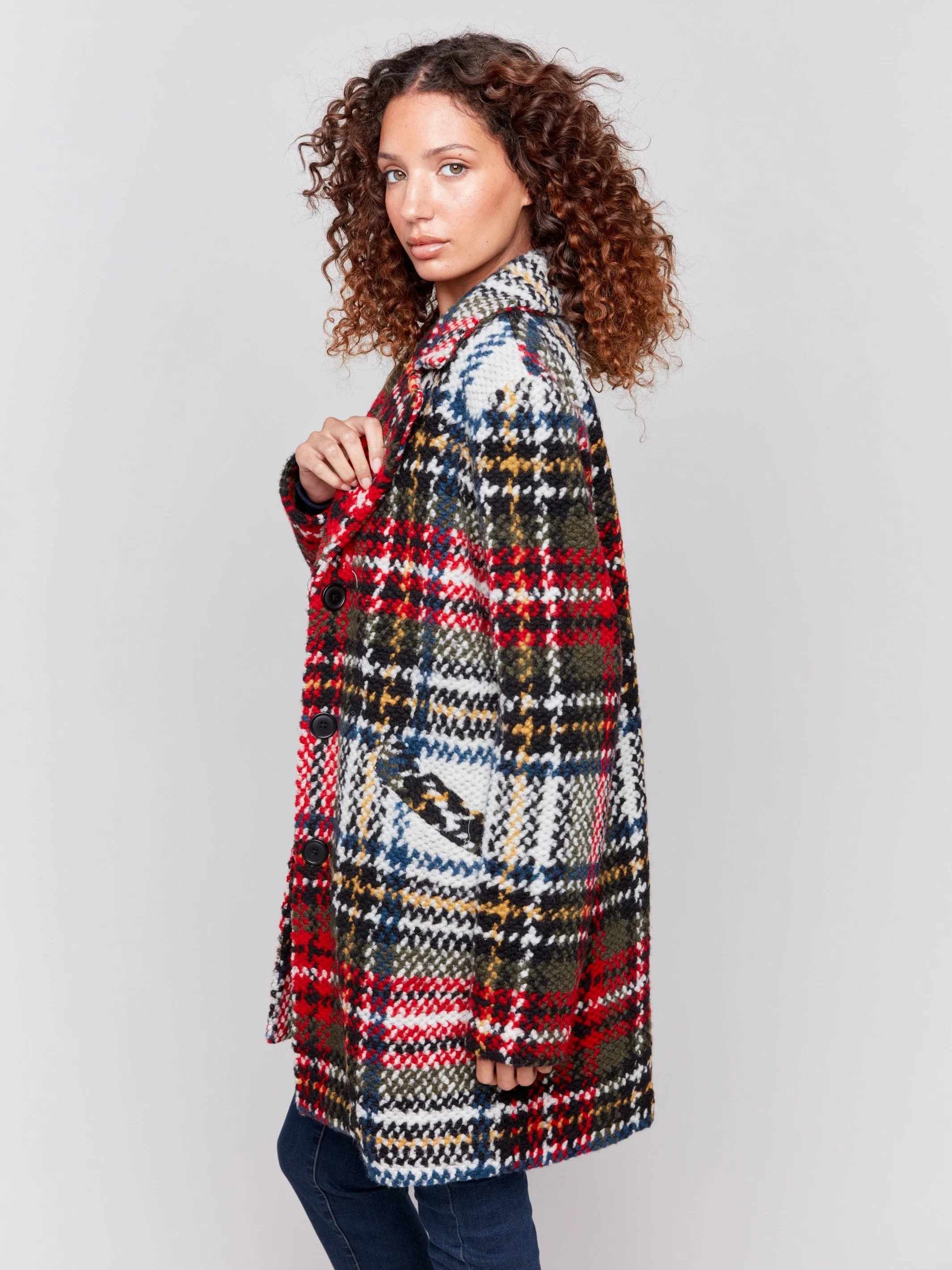 Straight Cut Plaid Bouclé Knit Coat - Cranberry