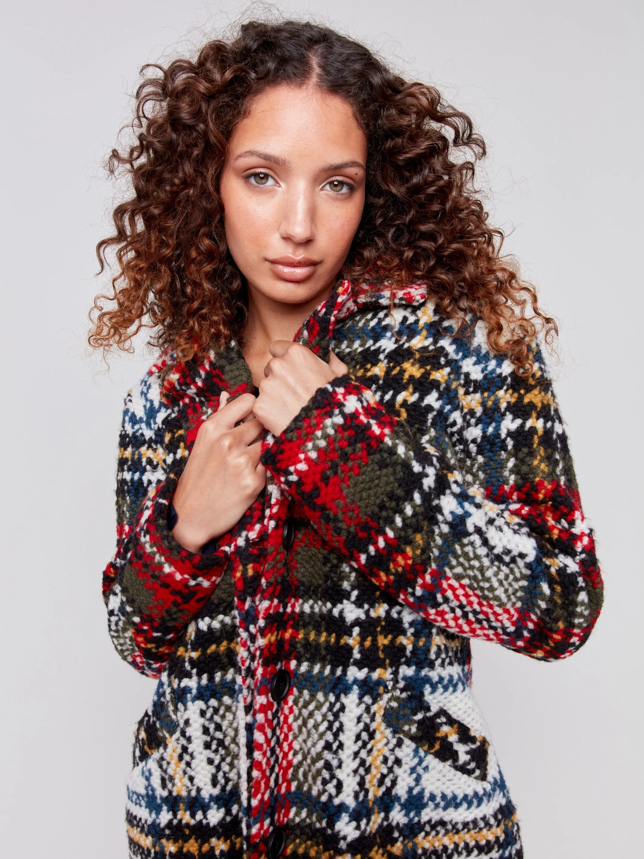 Straight Cut Plaid Bouclé Knit Coat - Cranberry