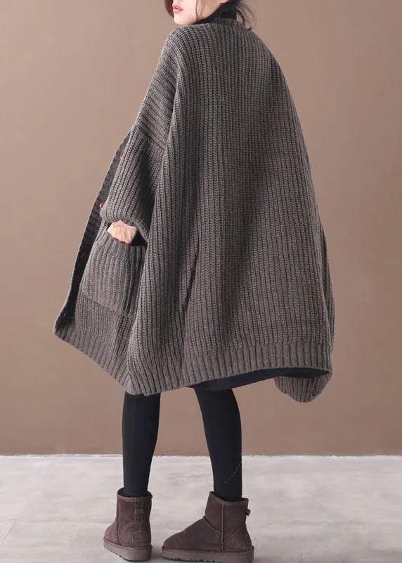 Stylish Chocolate Pockets Button Loose Fall Knitted Coat