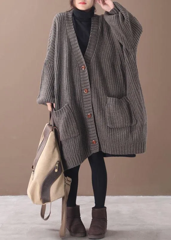 Stylish Chocolate Pockets Button Loose Fall Knitted Coat